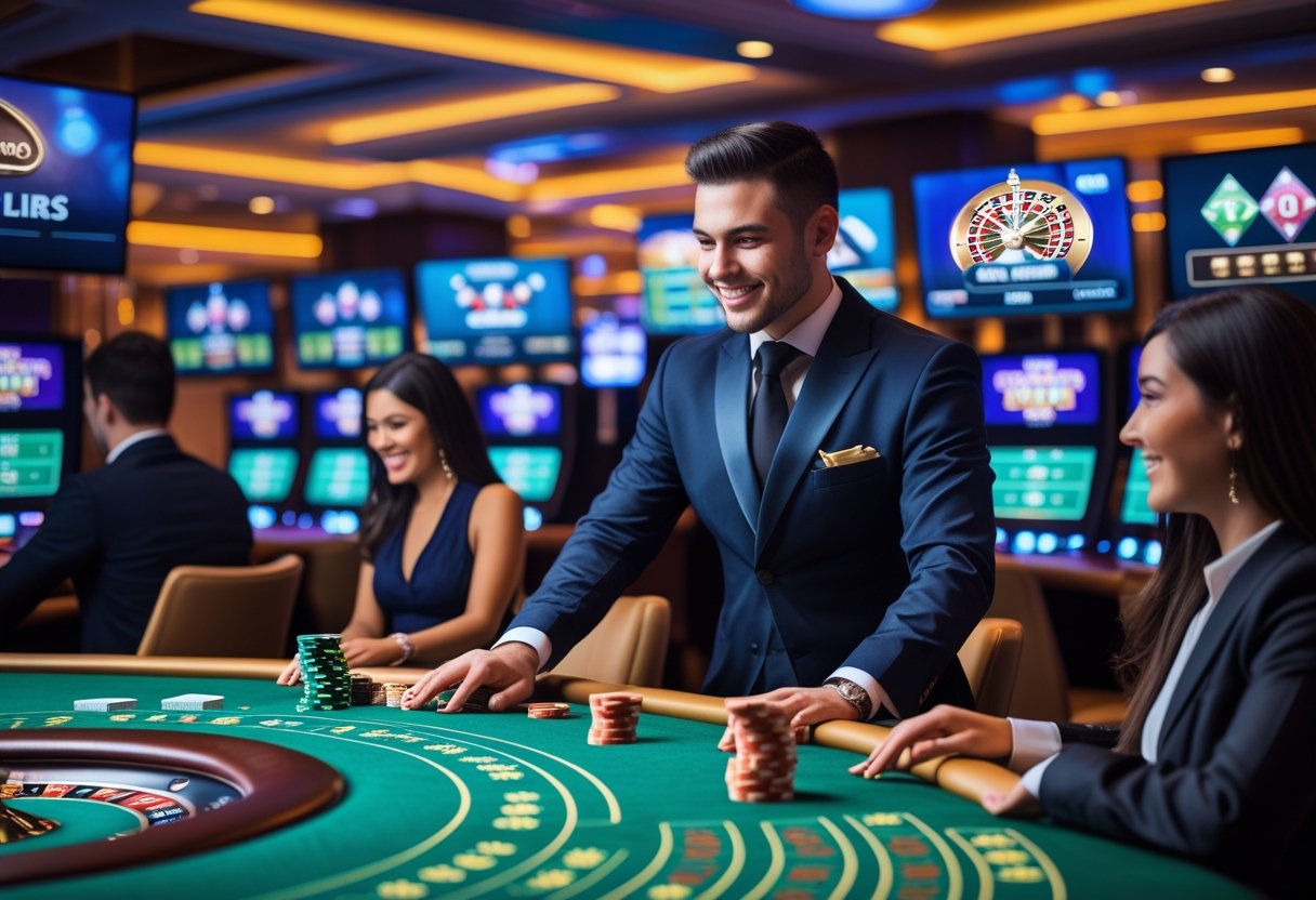 A dealer and players interacting at a live casino table with digital screens showing casino games in the background.
