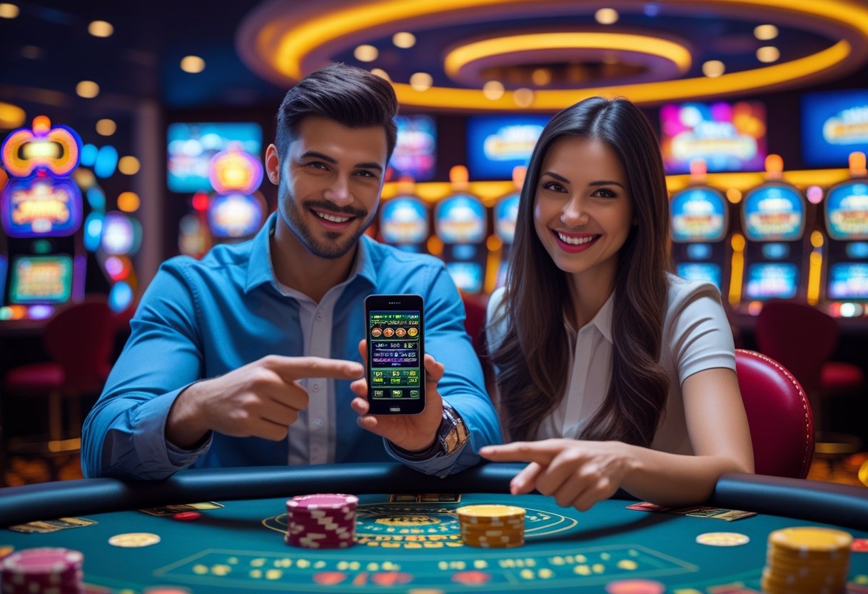 A man and woman sitting at a casino table looking at a smartphone with casino games, surrounded by chips and cards.