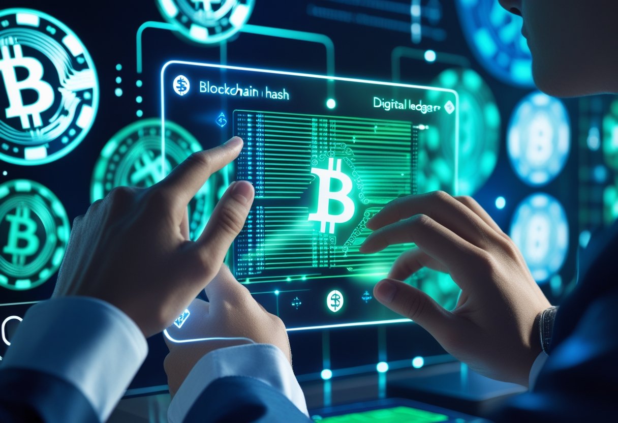 Hands interacting with a transparent digital interface showing blockchain and Bitcoin symbols with casino elements in the background.