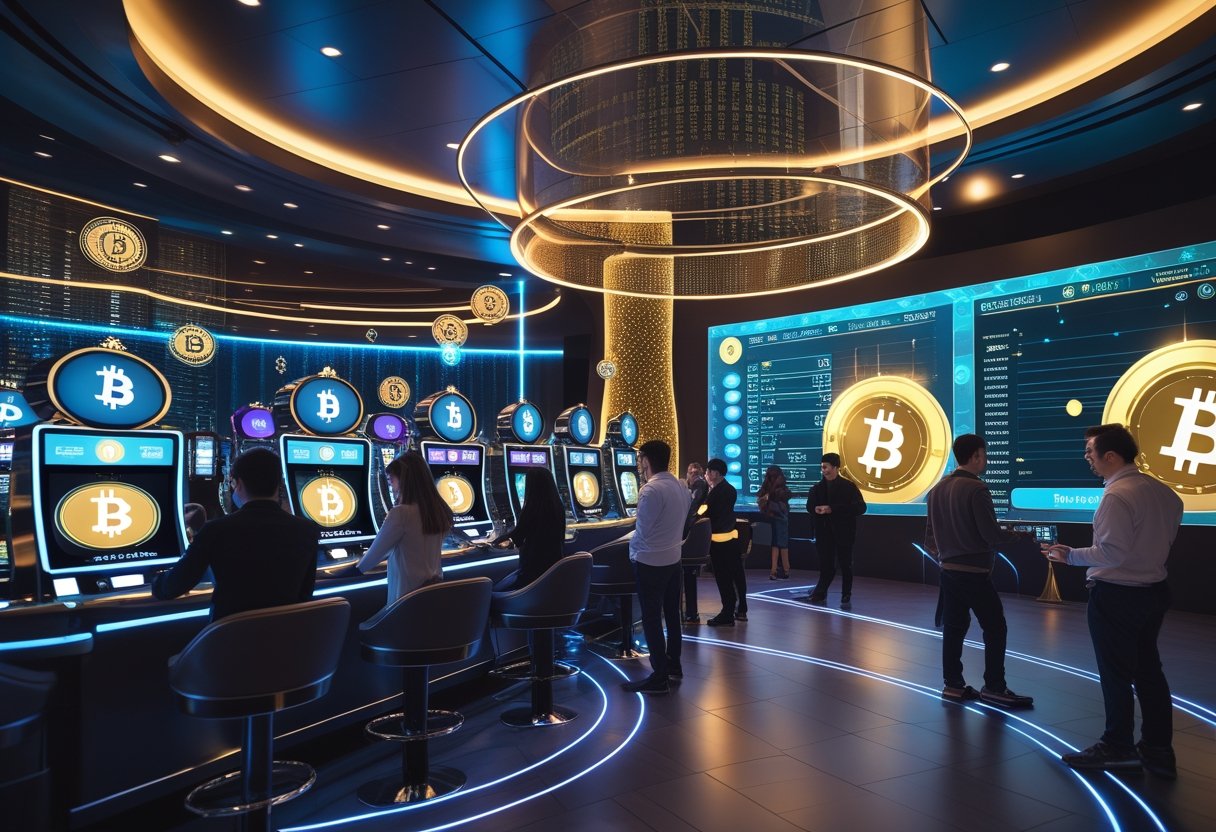 A futuristic casino with digital slot machines and players using virtual reality headsets surrounded by glowing Bitcoin and blockchain graphics.