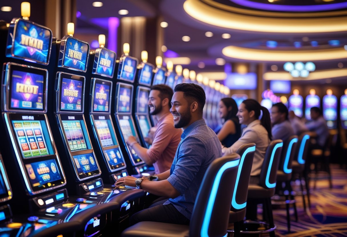 A busy casino floor with people playing modern slot machines featuring bright lights and digital screens.