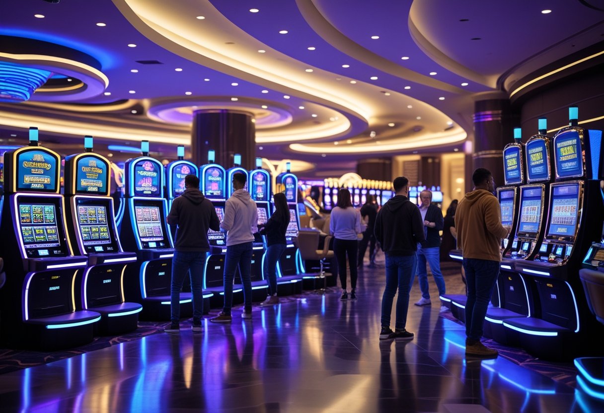 People playing modern slot machines in a bright, spacious casino gaming floor.