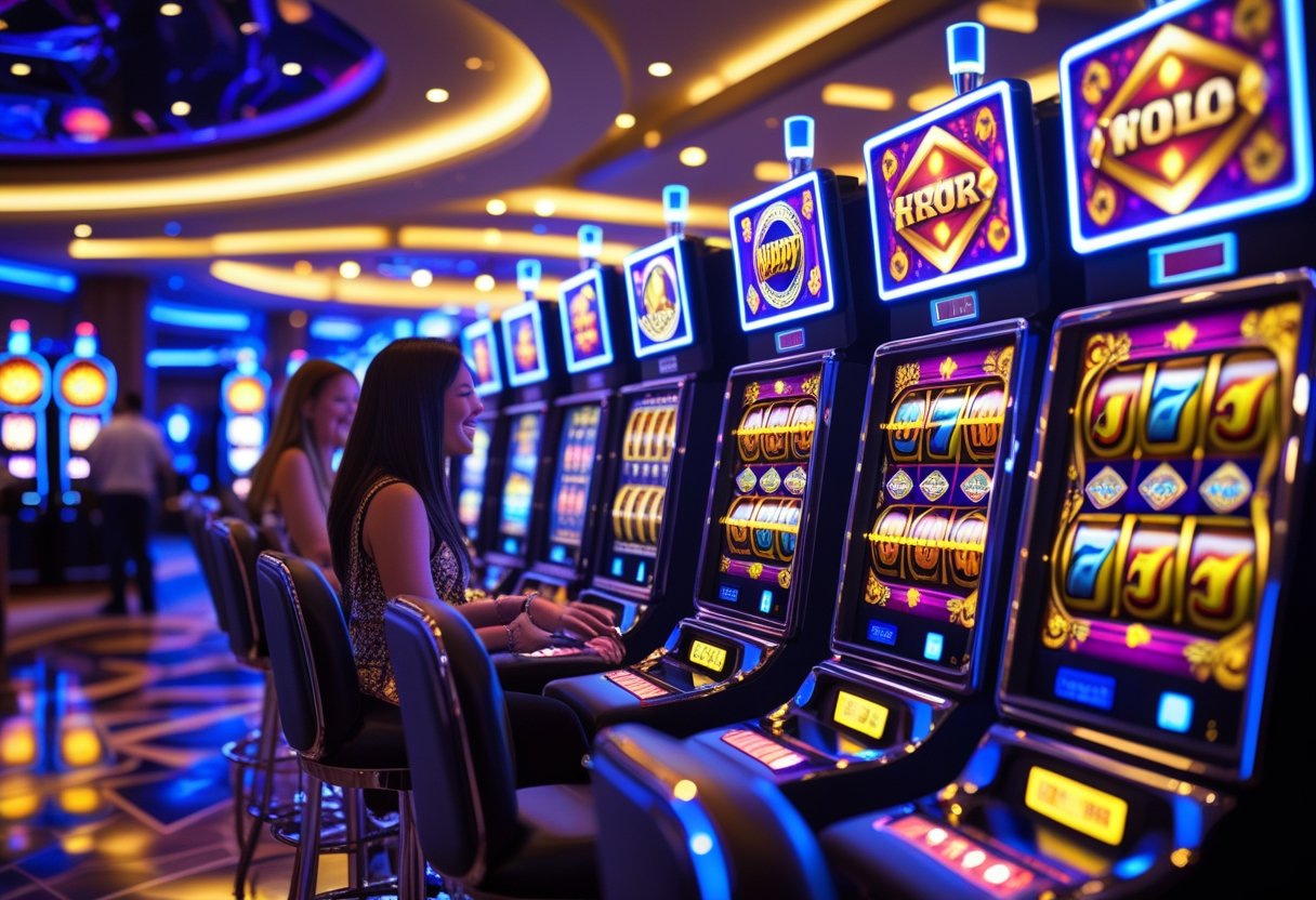 A row of modern slot machines with colorful glowing screens inside a stylish casino with players interacting with the machines.
