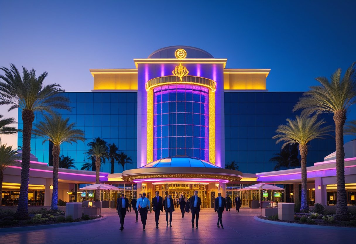 Exterior view of a brightly lit modern casino entrance at dusk with people walking nearby.