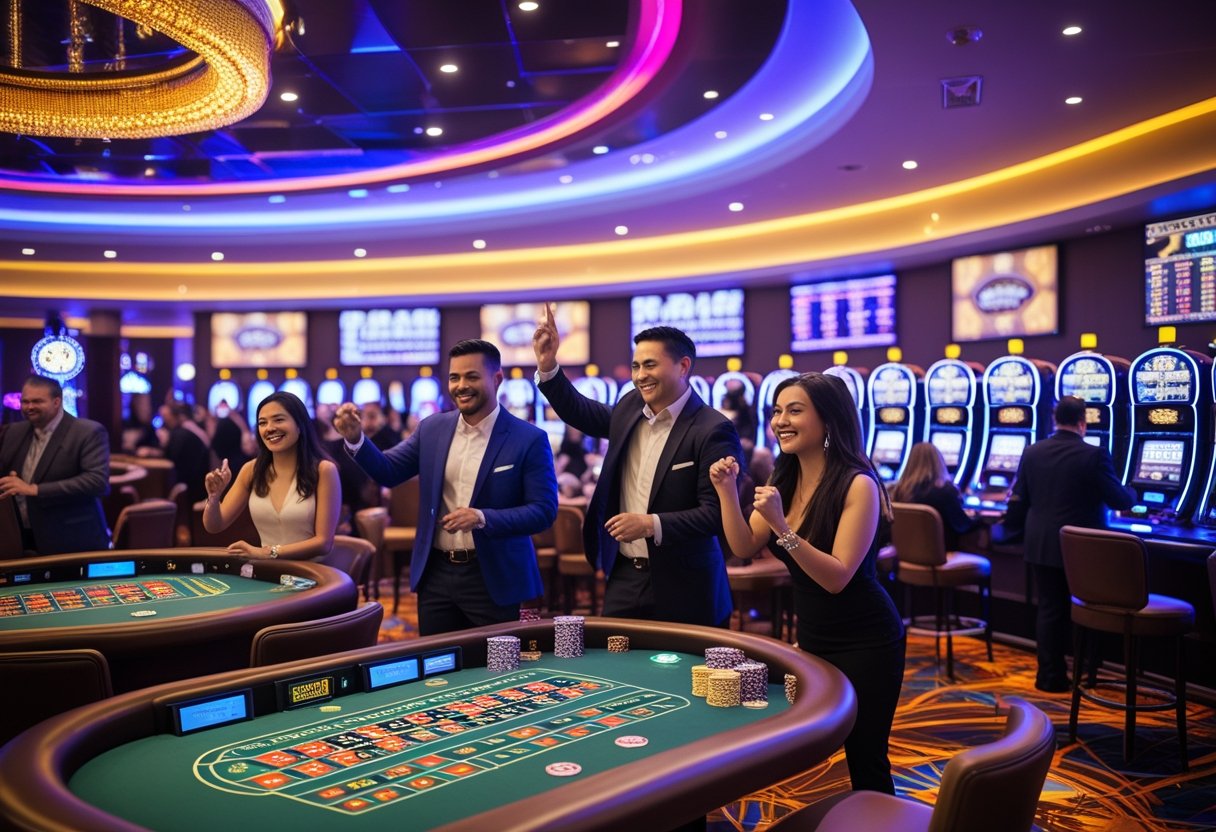 Interior of a busy, modern casino with people playing at gaming tables and slot machines, surrounded by colorful lights and digital displays.