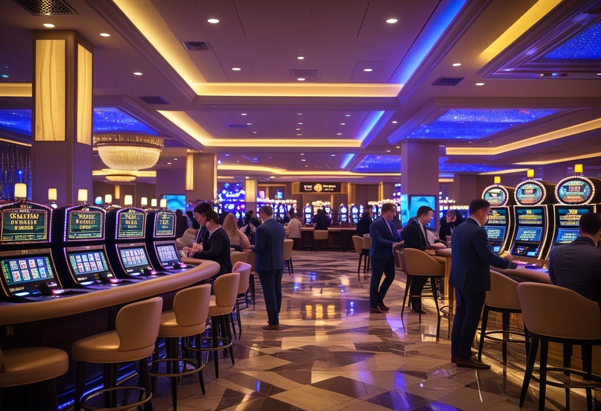 Interior of a busy casino with people playing slot machines and card games, surrounded by elegant decor and ambient lighting.
