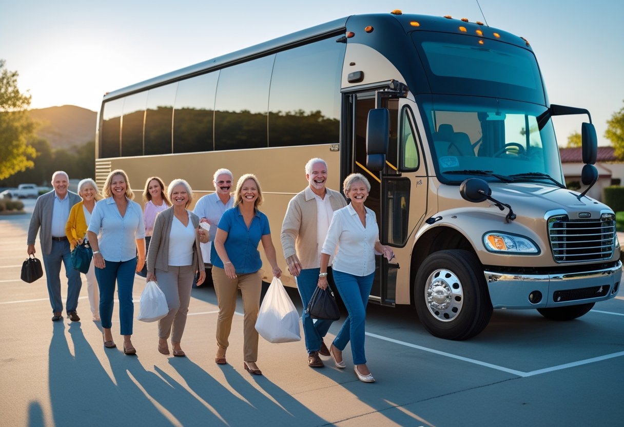 A group of adults happily boarding a luxury coach bus in a parking lot, preparing for a casino trip.