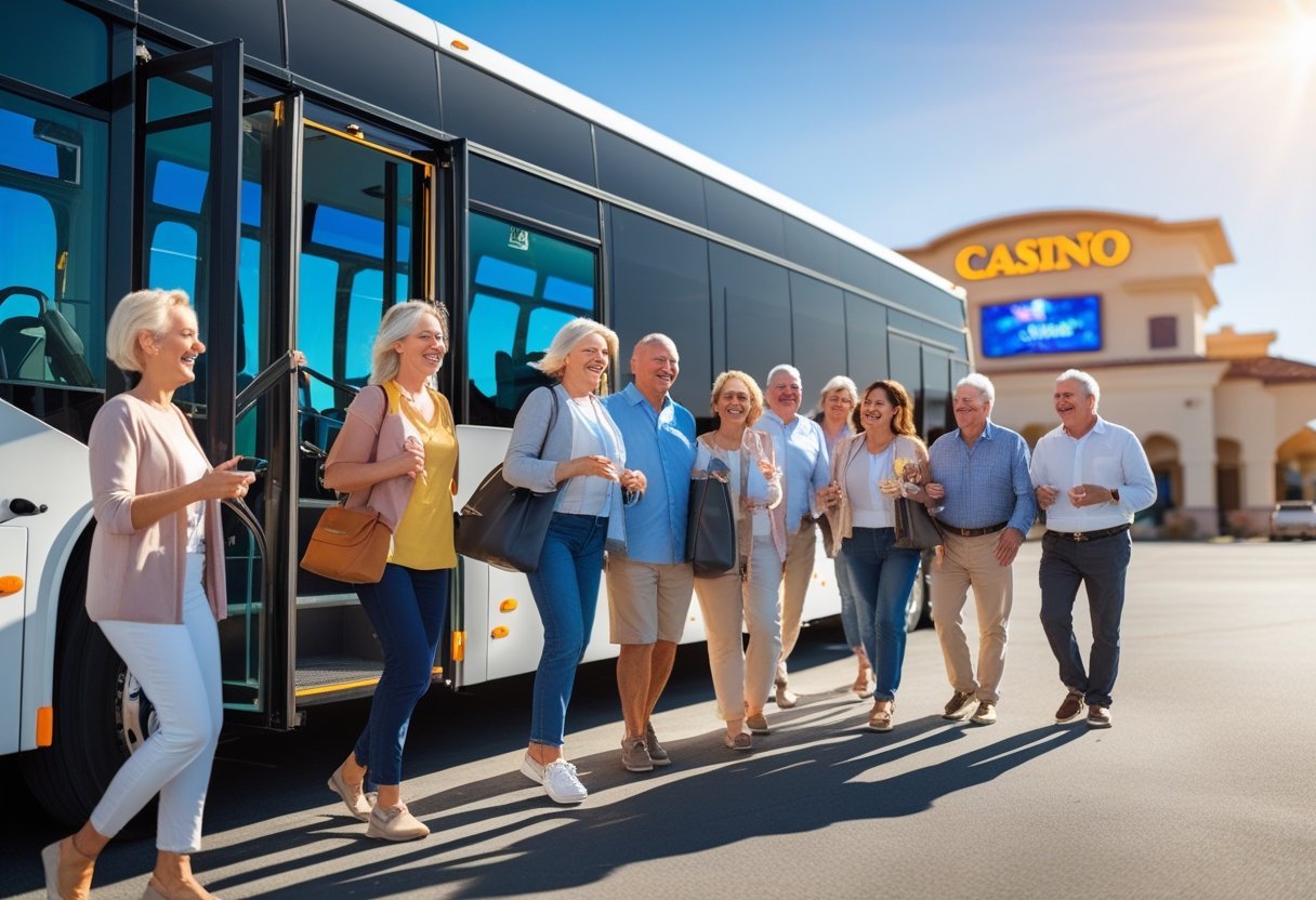 A group of people happily boarding a tour bus in a parking lot with a casino building visible in the background.