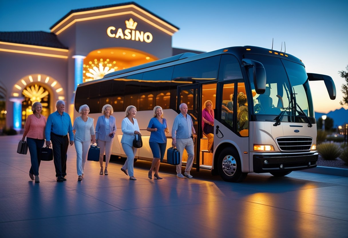 A group of people boarding a bus outside a brightly lit casino entrance during early evening.