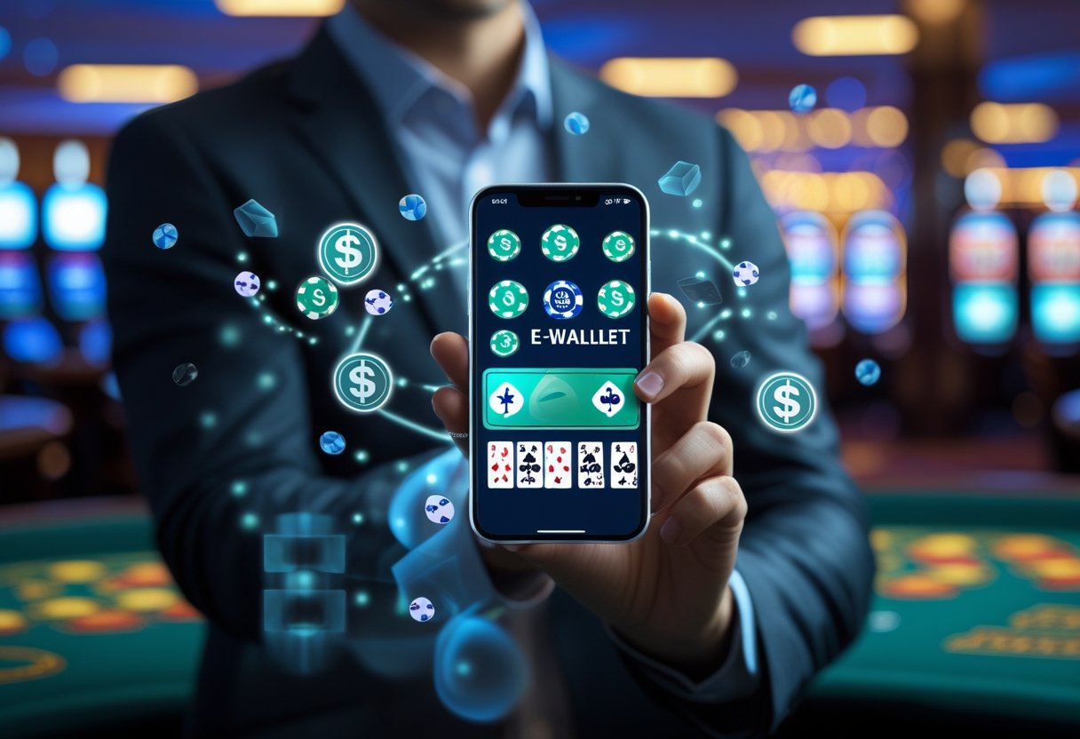 A person holding a smartphone showing a digital wallet app with gambling-related icons, set against a blurred casino background.