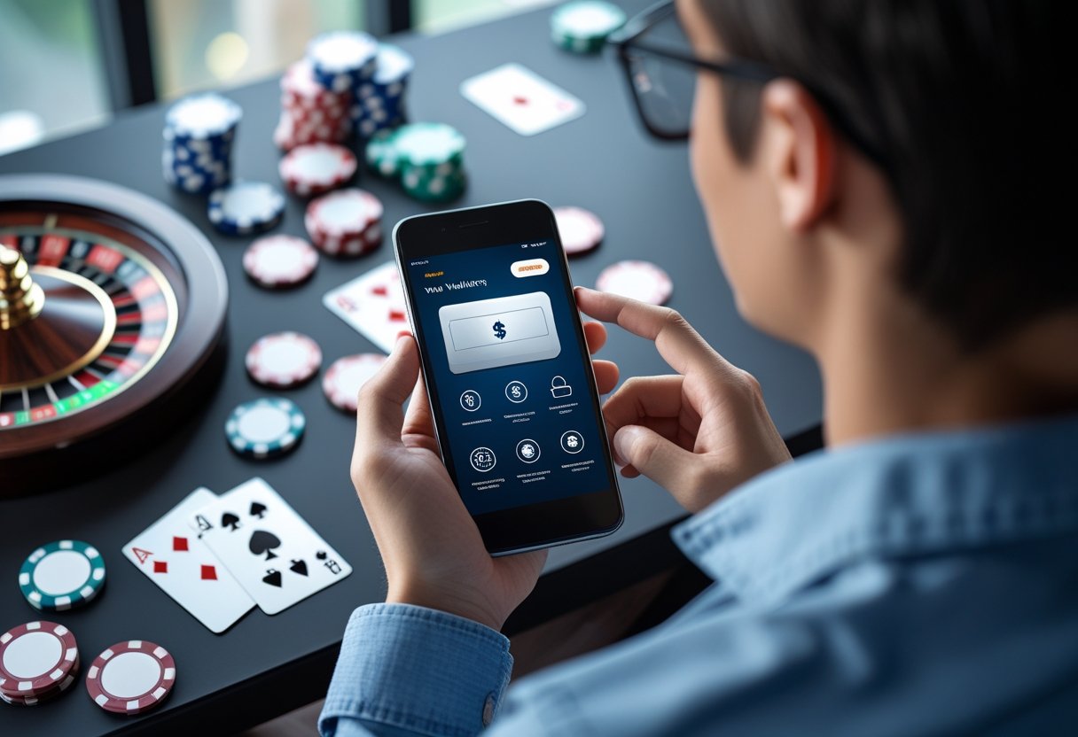 A person holding a smartphone displaying a digital wallet app with poker chips and playing cards blurred in the background.