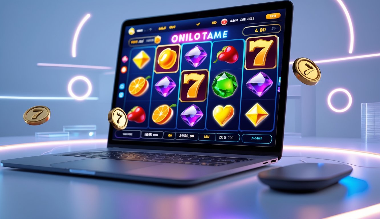 Sebuah layar komputer menampilkan permainan slot online dengan simbol warna-warni di lingkungan yang modern dan bersih.