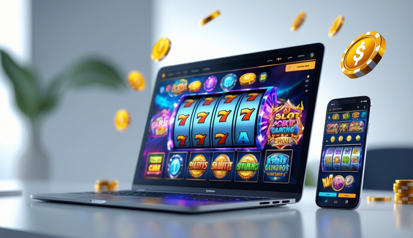 Seseorang menggunakan laptop dan ponsel untuk bermain berbagai jenis permainan slot online interaktif.