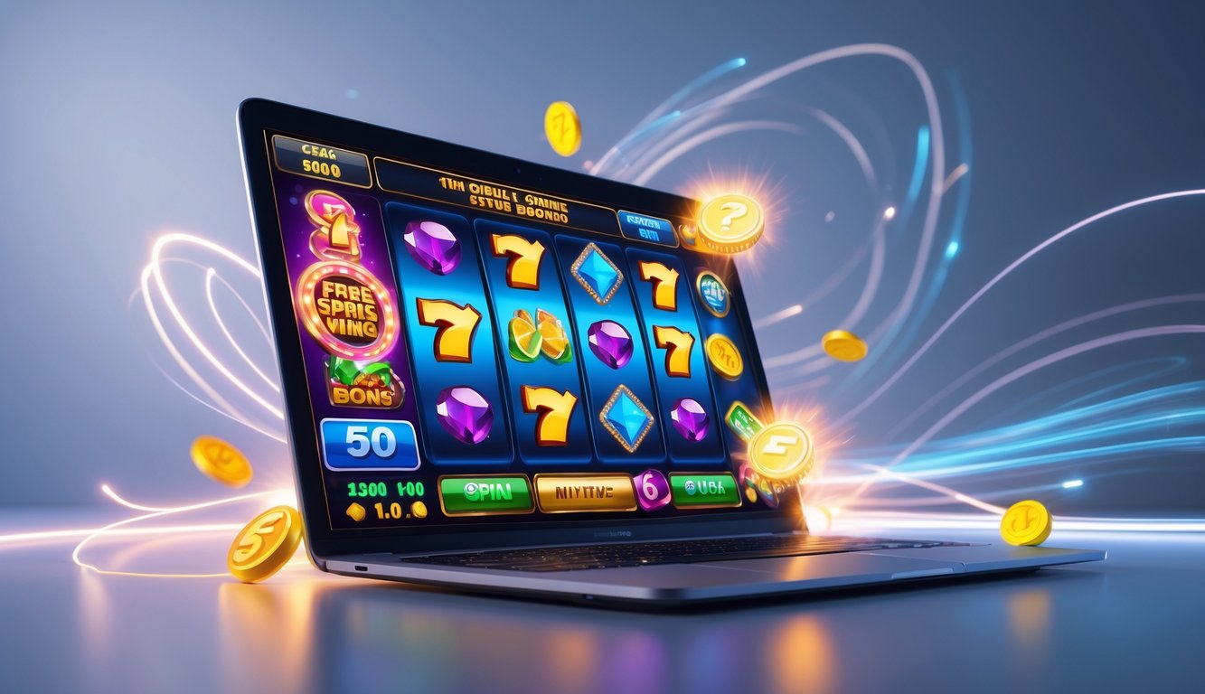 Layar komputer menampilkan permainan slot online dengan simbol berwarna-warni dan ikon bonus yang menarik.