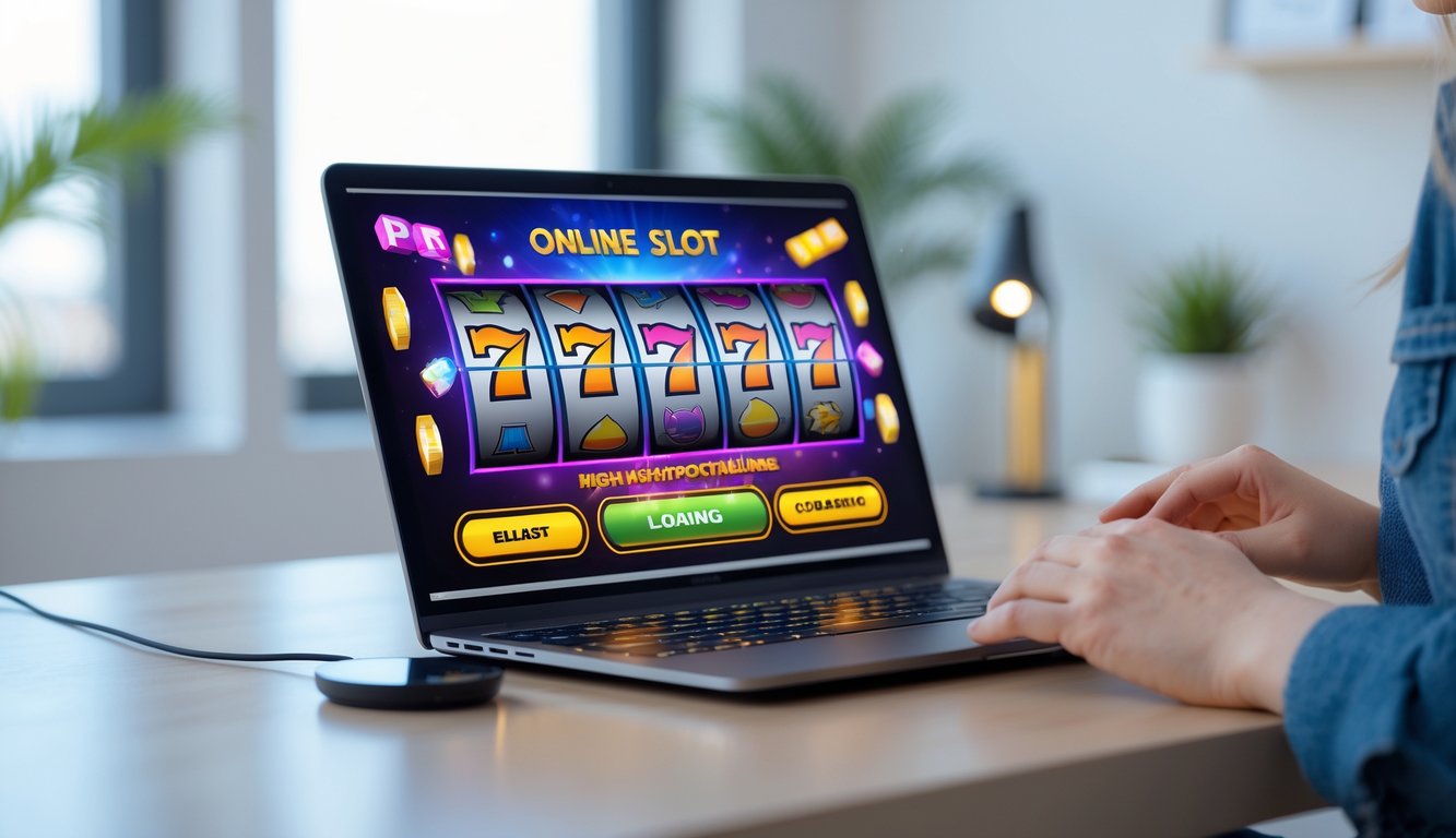 Seseorang menggunakan komputer dengan tampilan permainan slot online yang cerah dan menarik di layar.
