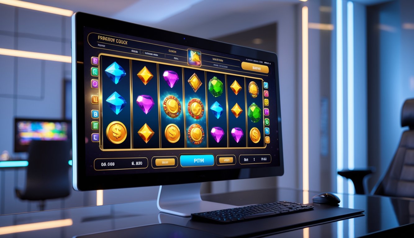 Sebuah monitor komputer menampilkan mesin slot online modern dengan grafik warna-warni di dalam ruangan permainan yang bergaya dan terang.