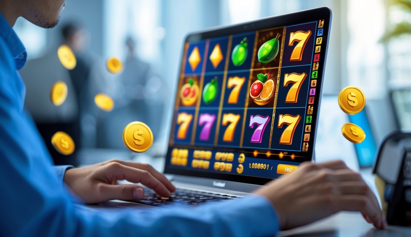 Layar komputer menampilkan permainan slot online dengan simbol warna-warni, dikelilingi oleh suasana modern dan profesional.