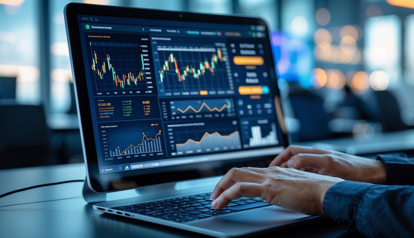 Seorang profesional bekerja dengan komputer yang menampilkan grafik dan data pasar taruhan olahraga secara real-time di ruang kantor modern.