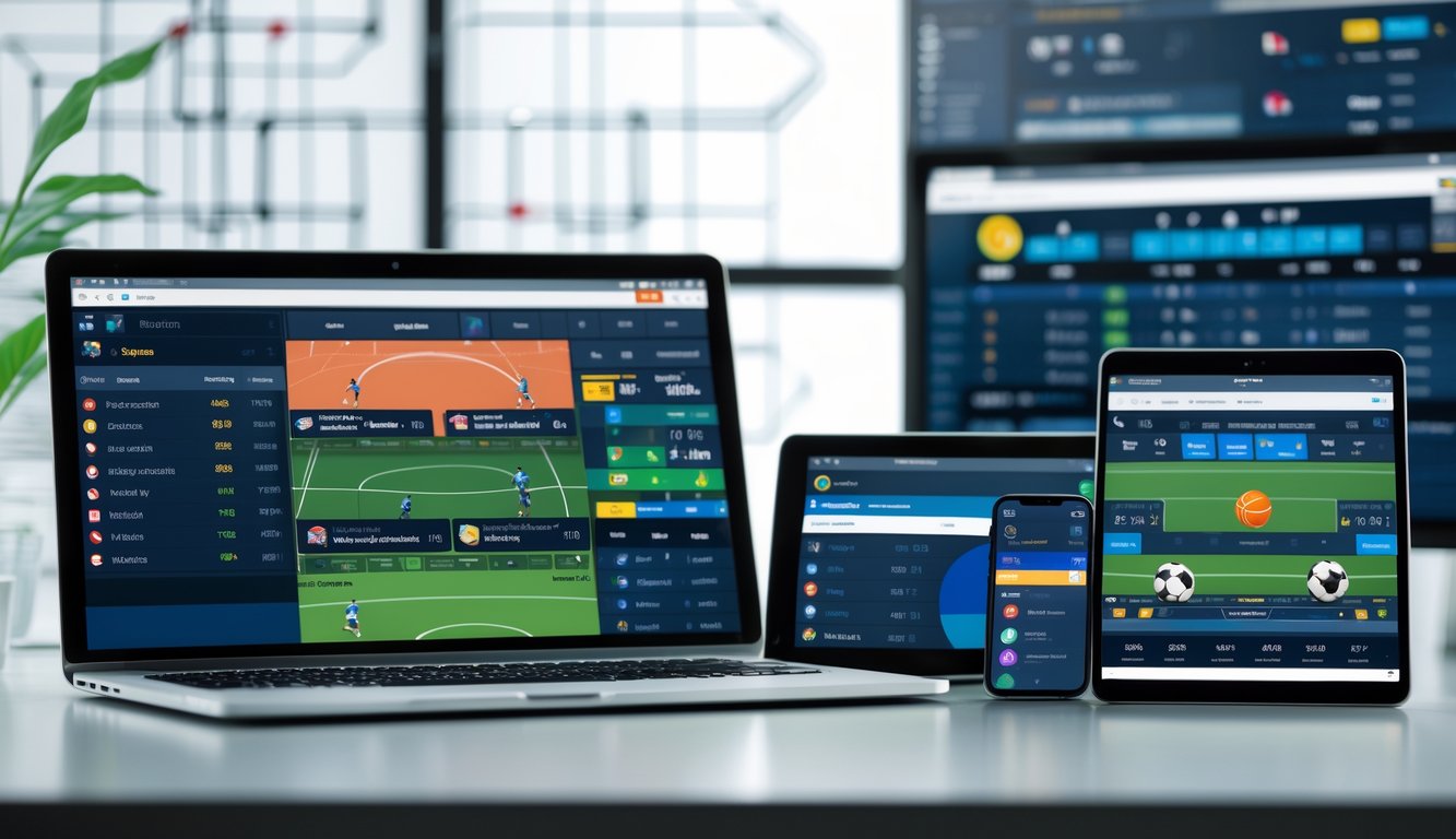 Beberapa perangkat digital menampilkan berbagai pertandingan olahraga secara bersamaan di ruang kerja yang rapi dan terang.