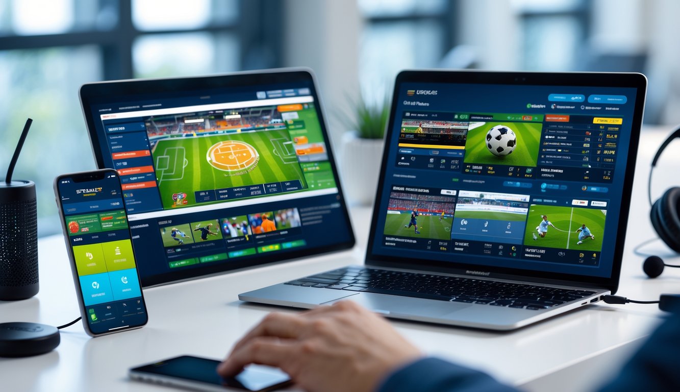 Seseorang menggunakan beberapa perangkat digital untuk mengakses berbagai acara olahraga secara online di ruang kerja modern.