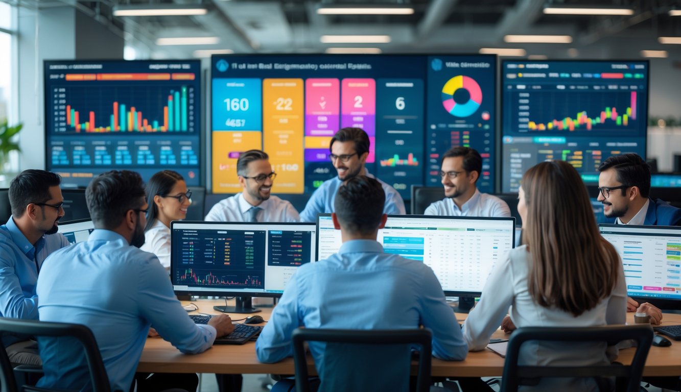 Sekelompok profesional bekerja bersama di kantor modern dengan layar digital besar menampilkan data dan statistik waktu nyata.