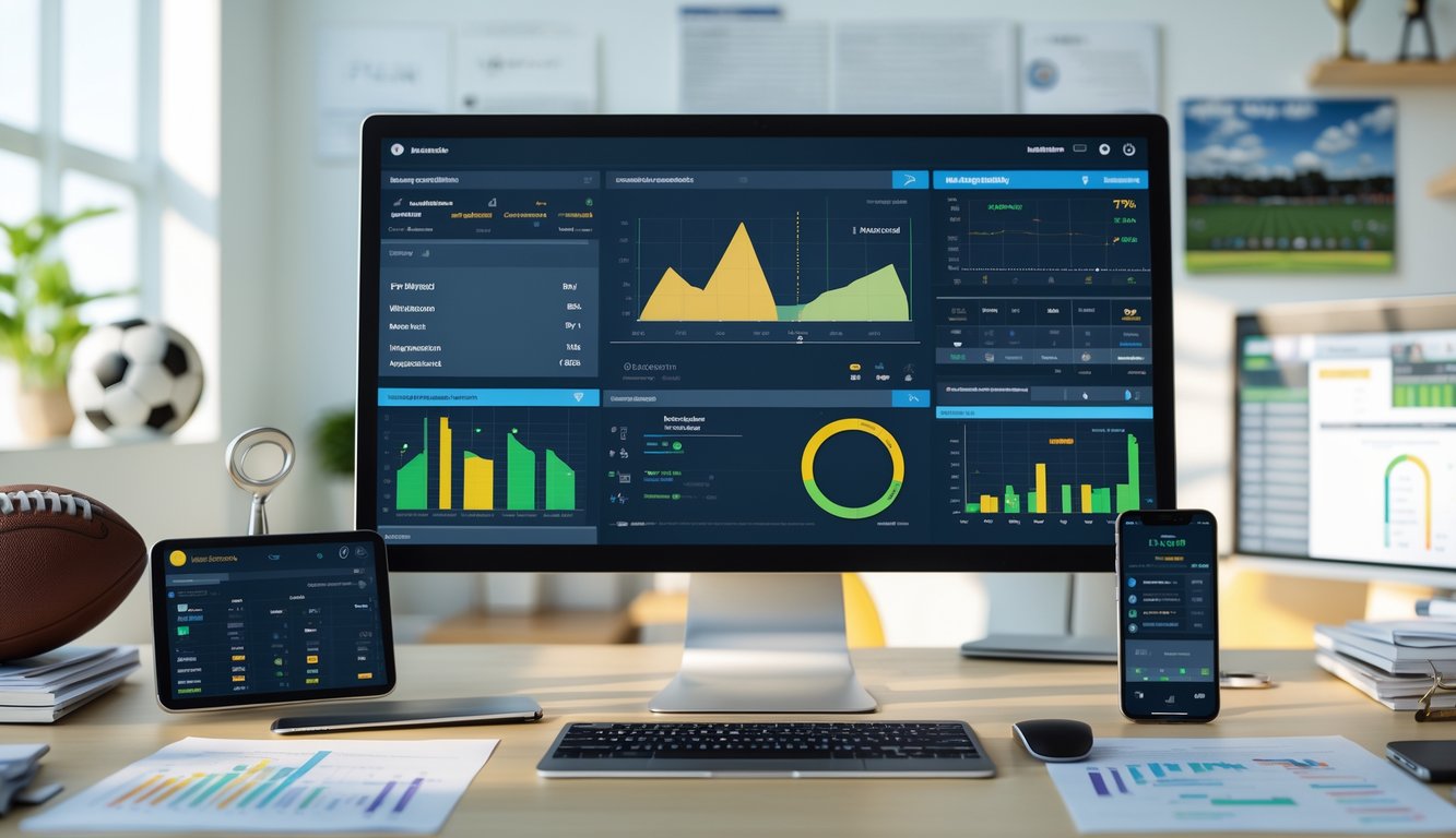 Sebuah ruang kerja modern dengan komputer menampilkan statistik pertandingan sepak bola dan grafik, dilengkapi dengan catatan dan ponsel yang menunjukkan pembaruan olahraga secara langsung.