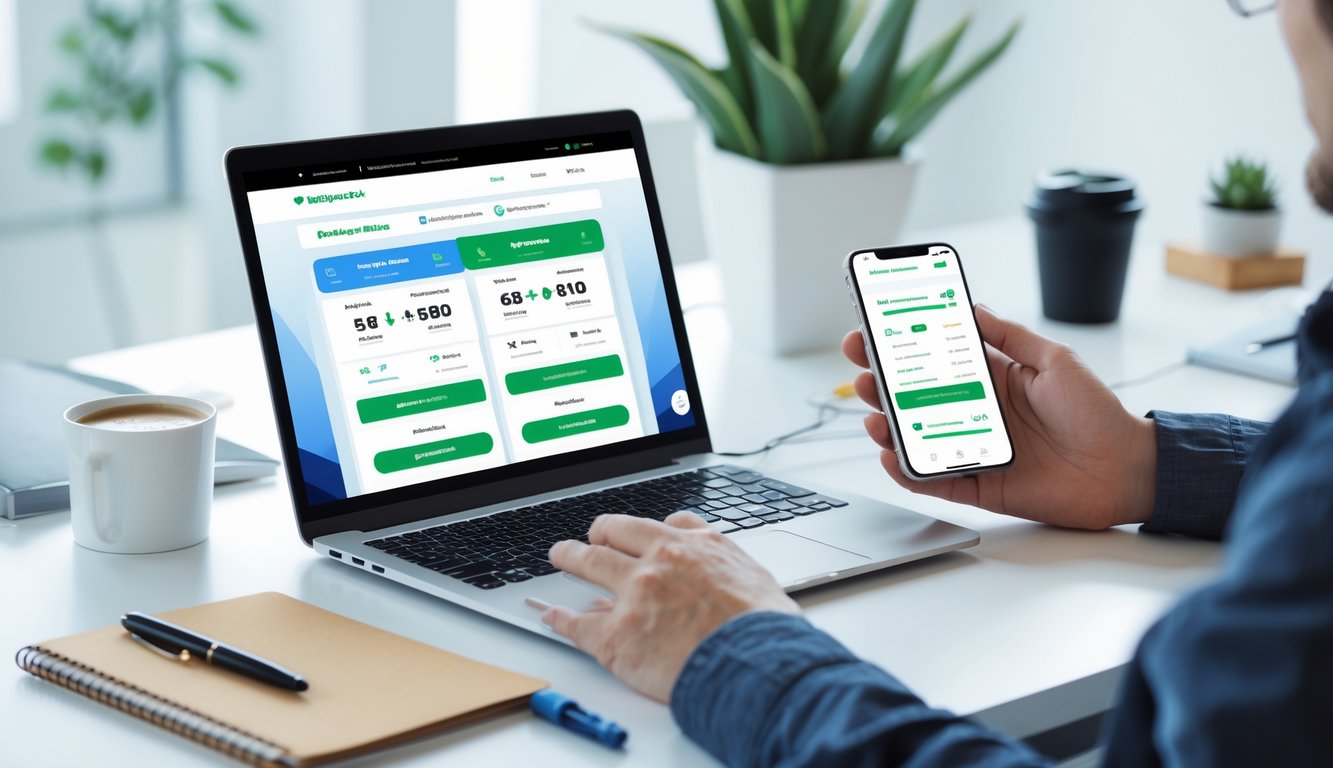 Seseorang menggunakan laptop dan ponsel di meja kerja dengan perangkat yang menampilkan antarmuka situs online responsif.