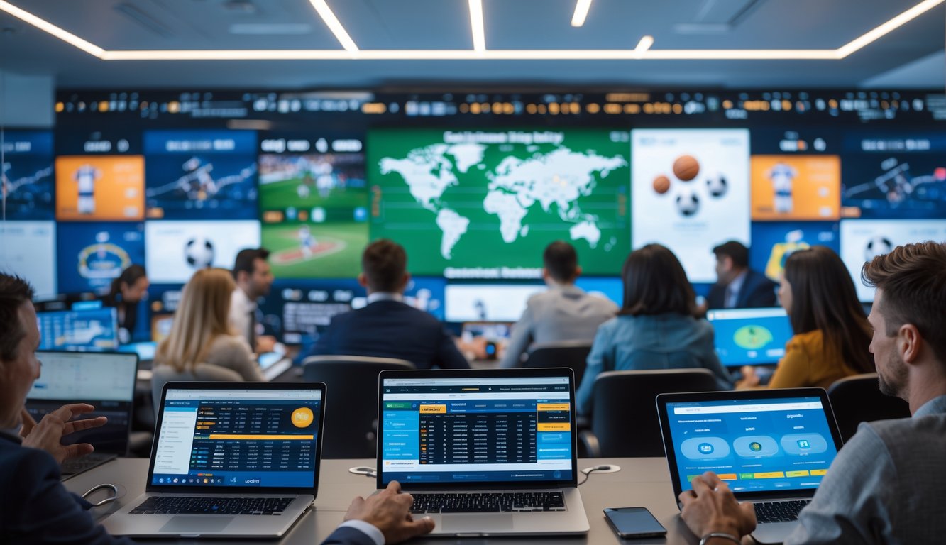 Beberapa orang menggunakan perangkat digital untuk mengakses pertandingan olahraga global secara online di ruang kerja modern.