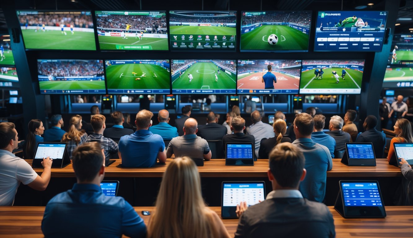 Orang-orang menonton berbagai pertandingan olahraga di layar besar di sebuah bar olahraga modern sambil menggunakan perangkat digital untuk bertaruh.