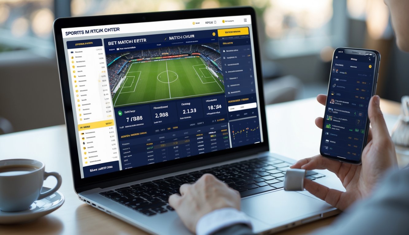 Seorang pengguna melihat layar komputer dengan tampilan pusat pertandingan olahraga lengkap dan data statistik secara real-time.