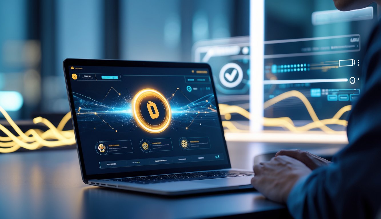 Sebuah ruang kerja modern dengan laptop yang menampilkan antarmuka digital futuristik yang menggambarkan navigasi online yang cepat dan terpercaya.