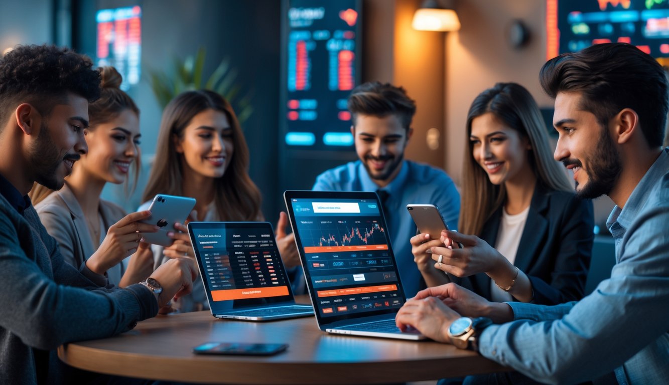 Sekelompok orang muda menggunakan perangkat digital untuk taruhan online dalam ruangan modern yang nyaman.