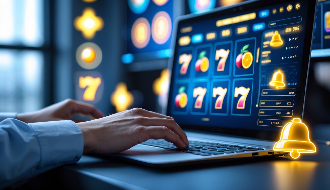 Seseorang menggunakan laptop dengan tampilan permainan slot digital di layar, di meja kerja yang rapi dan terang.