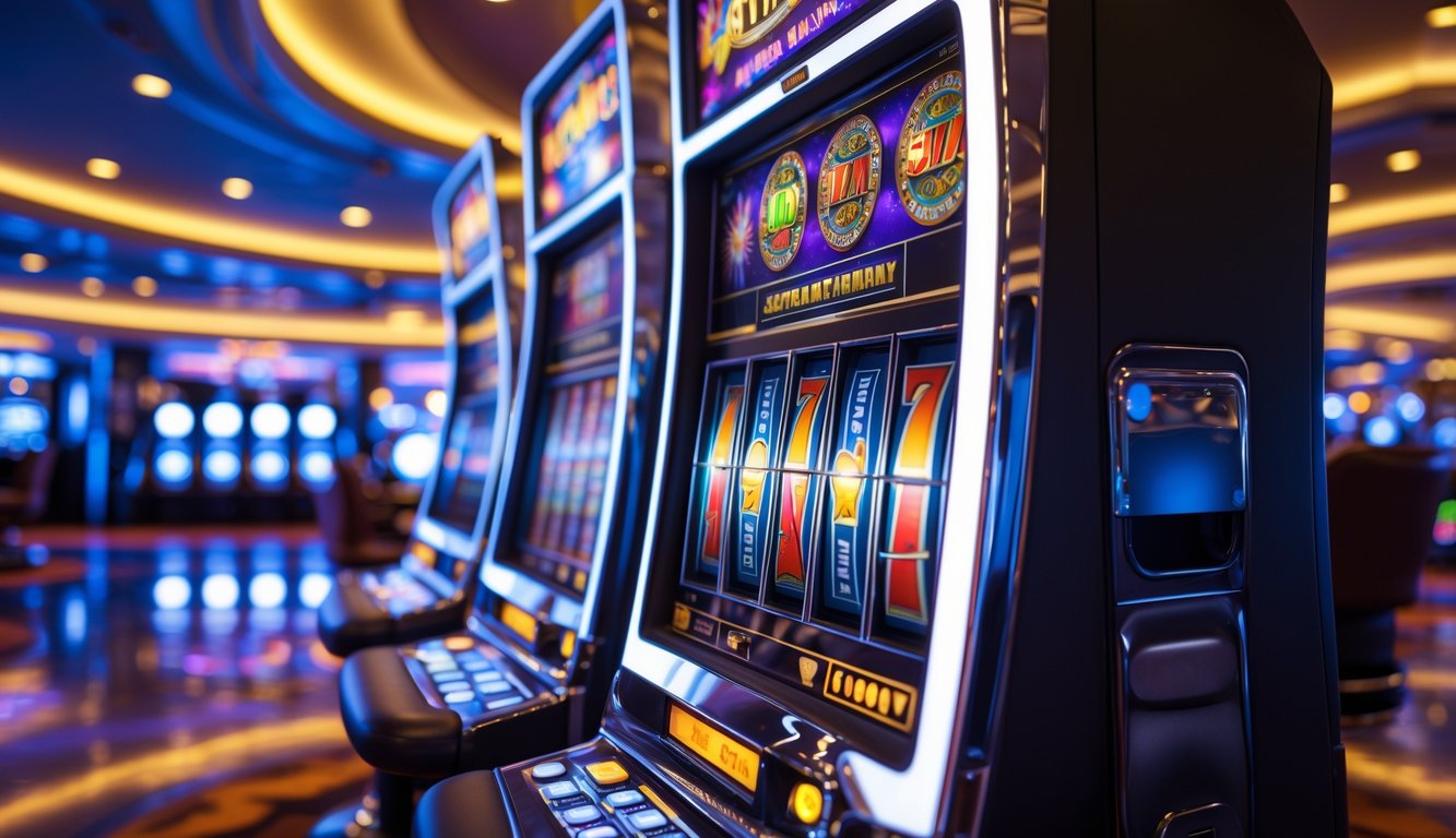 Mesin slot modern yang menyala dengan latar belakang kasino mewah dan suasana yang hidup.