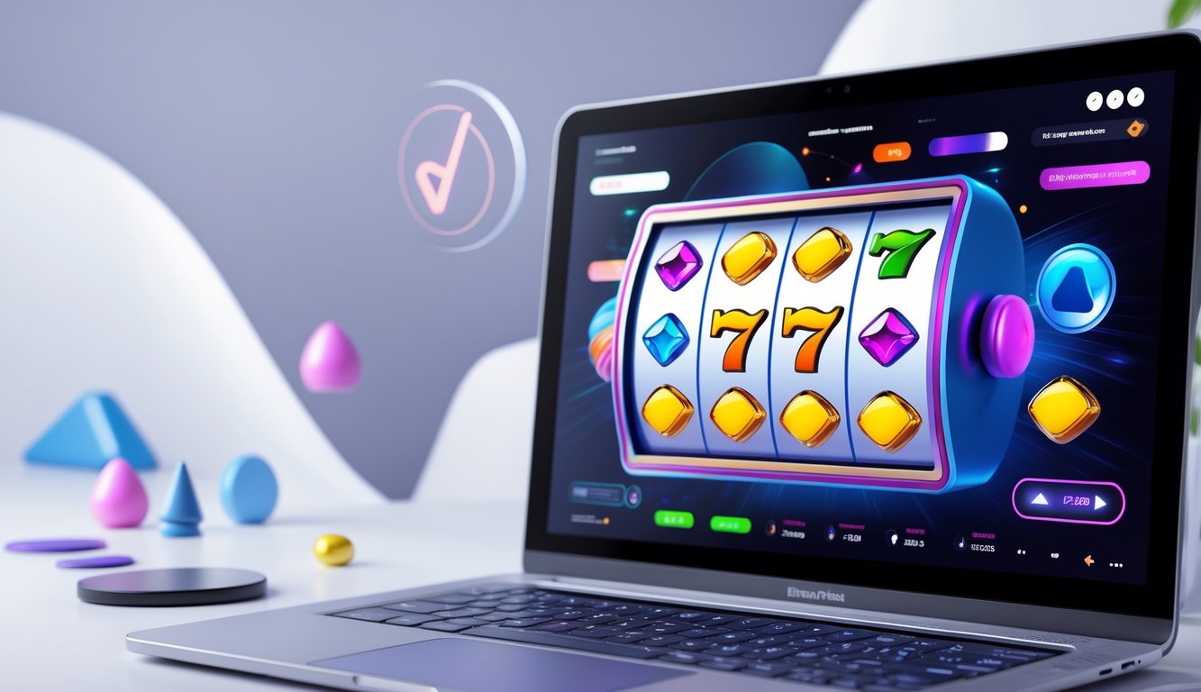 Layar perangkat menampilkan permainan slot digital dengan gulungan berwarna-warni dan simbol keberuntungan.