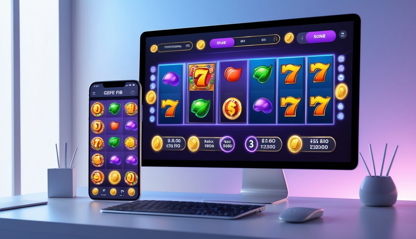 Tampilan antarmuka permainan slot online modern pada komputer dan ponsel di atas meja dengan ikon fitur bonus aktif di sekitarnya.