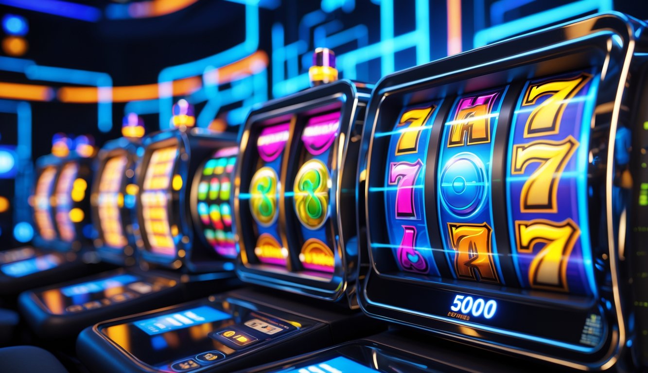Antarmuka permainan slot online modern dengan gulungan mesin slot berwarna-warni yang sedang berputar dan latar belakang teknologi abstrak.