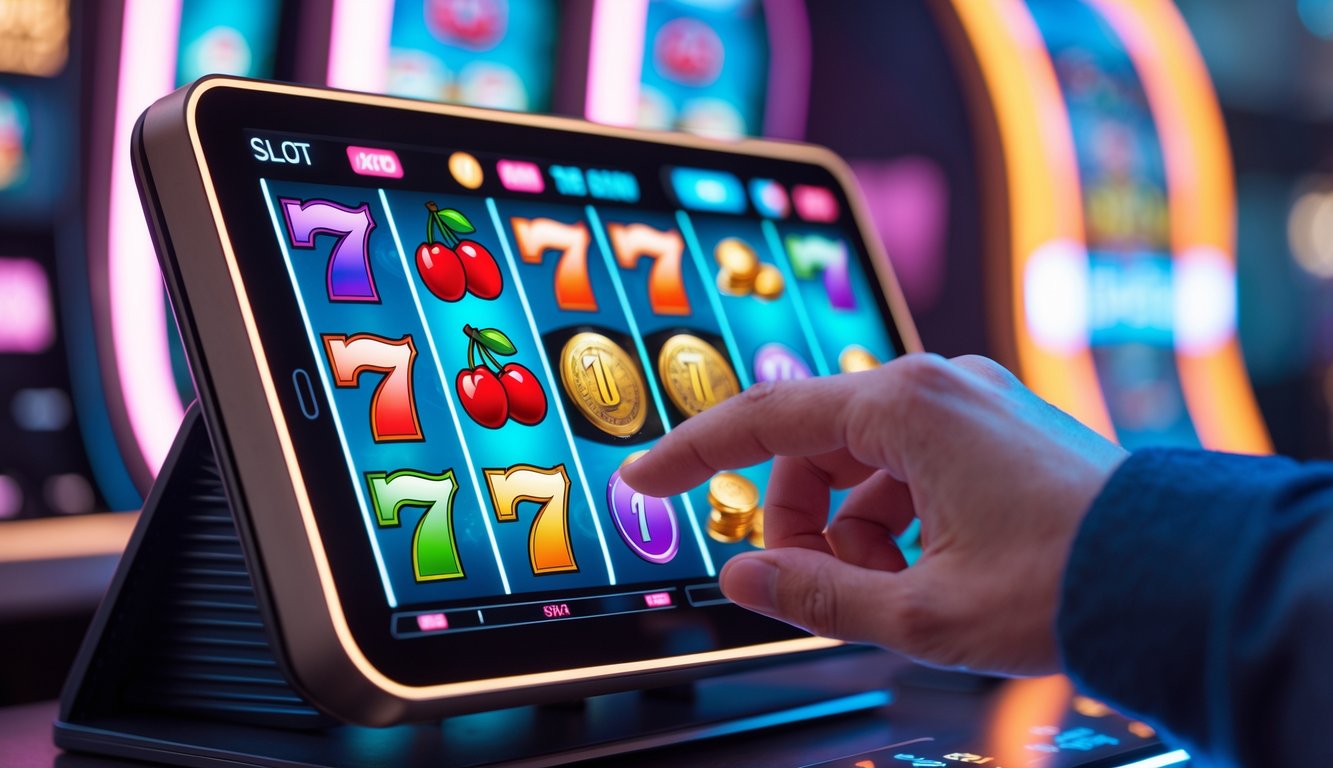 Tangan seseorang menggunakan perangkat layar sentuh dengan tampilan mesin slot berwarna-warni yang sedang berputar di latar belakang ruangan permainan modern.