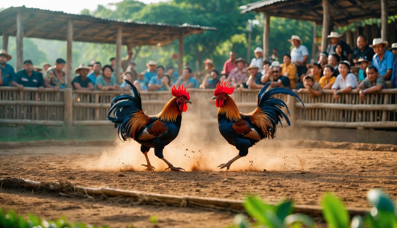 Suasana arena sabung ayam tradisional dengan dua ayam jantan sedang bertarung dan penonton yang antusias mengelilingi arena.