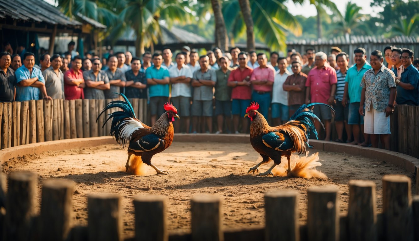 Dua ayam aduan sedang bertarung di arena tanah dikelilingi oleh penonton yang memperhatikan dengan serius.