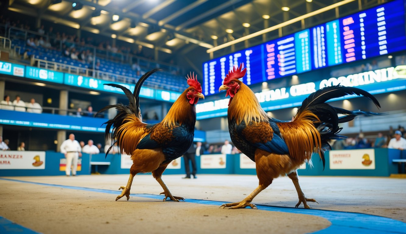 Arena sabung ayam modern dengan dua ayam aduan sedang bertarung dan penonton mengamati dari tempat duduk.