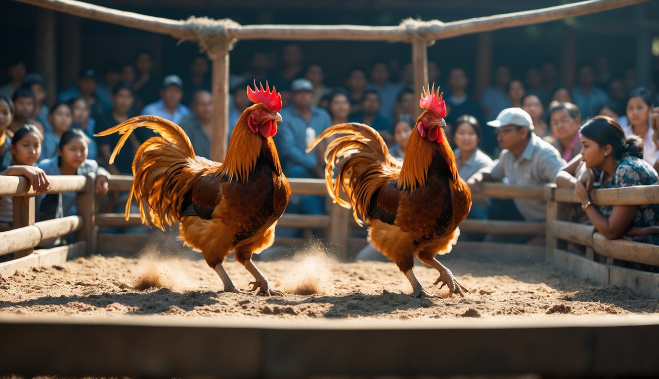 Dua ayam jago sedang bertarung di arena kayu dengan penonton yang memperhatikan dengan serius.