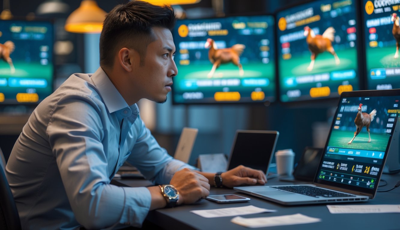 Seorang penjudi sabung ayam sedang menonton siaran langsung sabung ayam dengan fokus di depan beberapa layar.