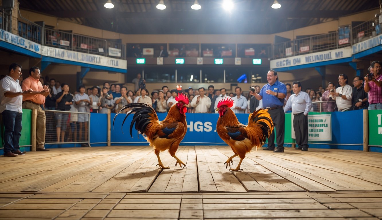 Arena sabung ayam dengan dua ekor ayam bertarung di tengah dan penonton yang antusias mengelilingi arena.