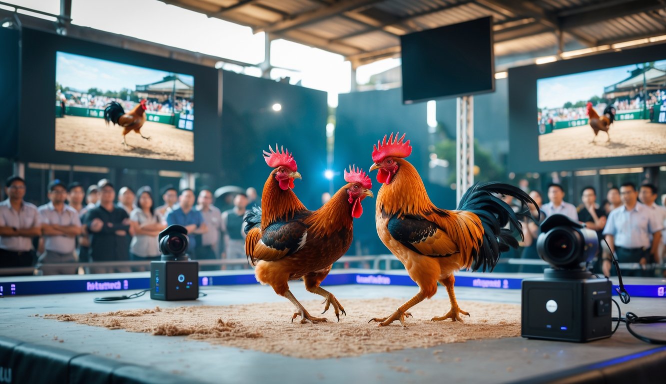 Pertandingan sabung ayam dengan teknologi streaming stabil di arena modern, menunjukkan dua ayam bertarung dan penonton yang menyaksikan.