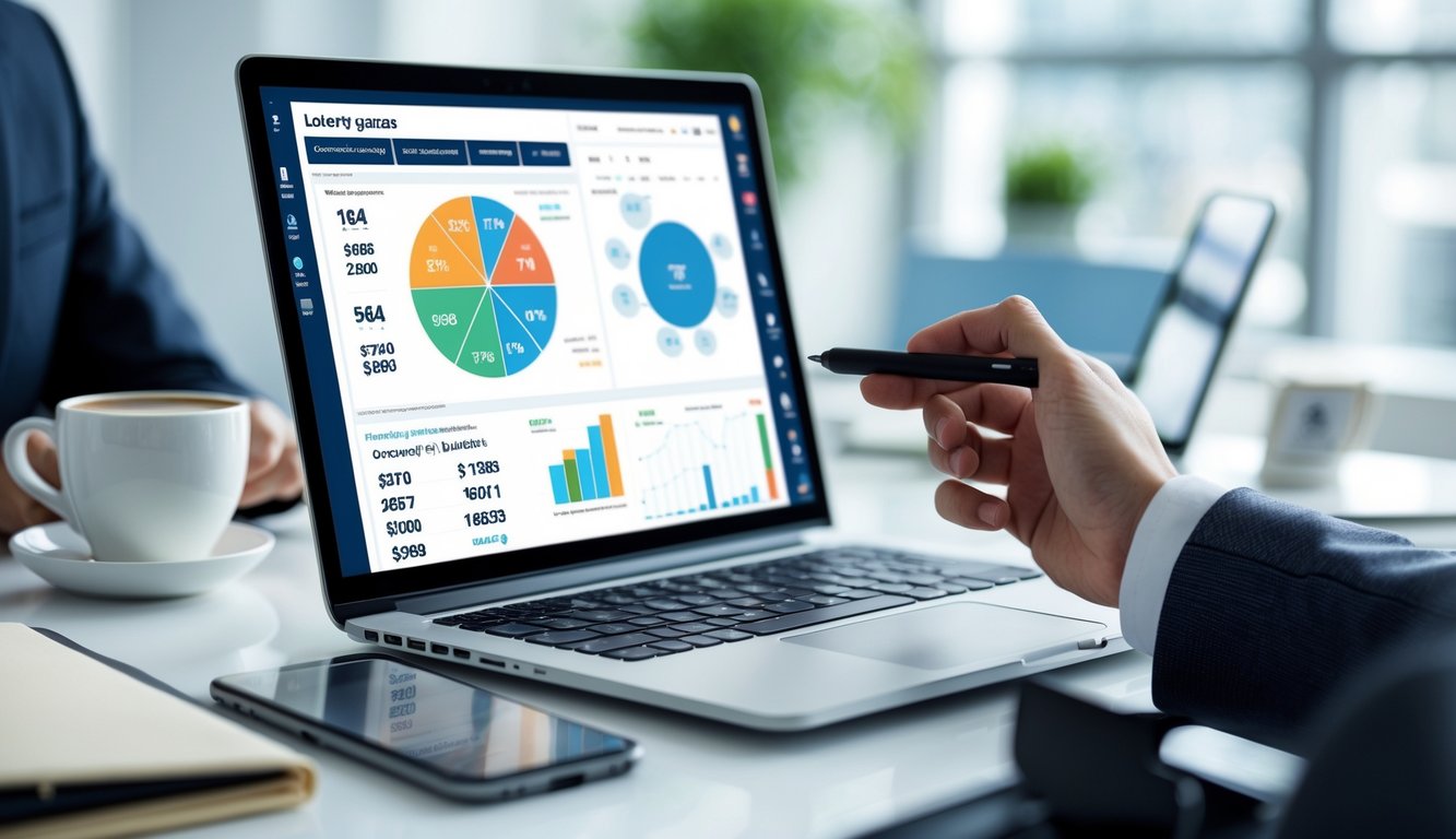 Seorang profesional menggunakan laptop dengan tampilan data lengkap tentang permainan angka di lingkungan kantor yang terang dan rapi.
