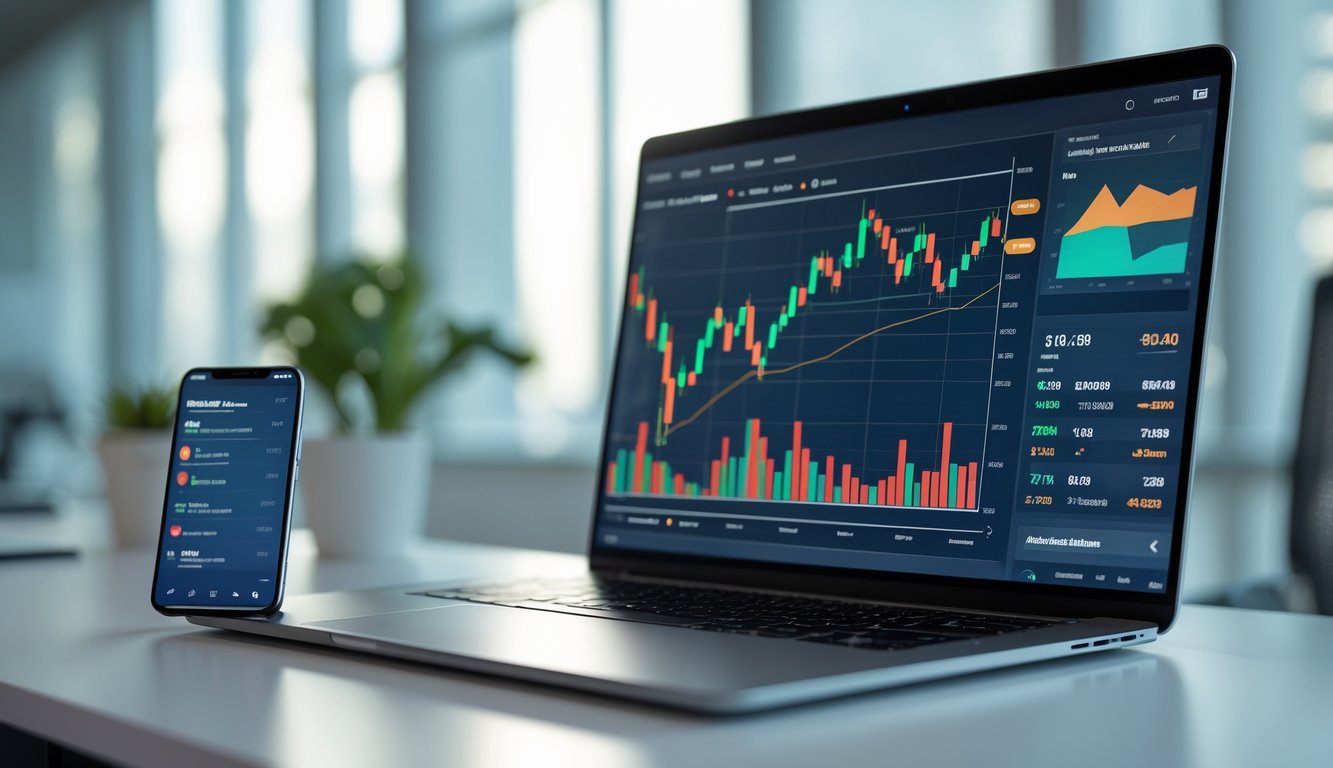 Meja kerja modern dengan laptop dan ponsel yang menampilkan grafik pasar dan notifikasi waktu nyata di lingkungan kantor yang terang.