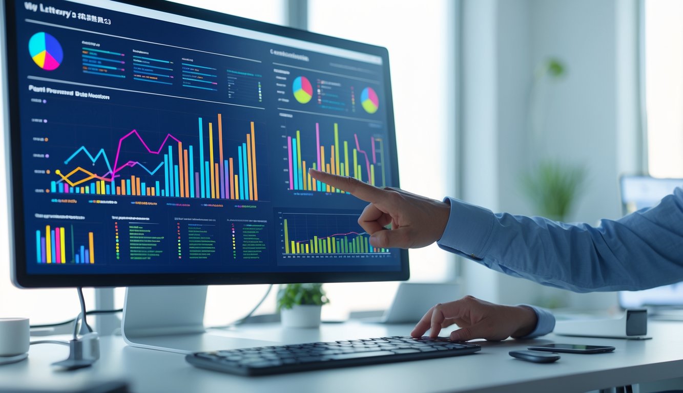 Seorang profesional sedang melihat dan menganalisis grafik data statistik di layar komputer di sebuah kantor modern.