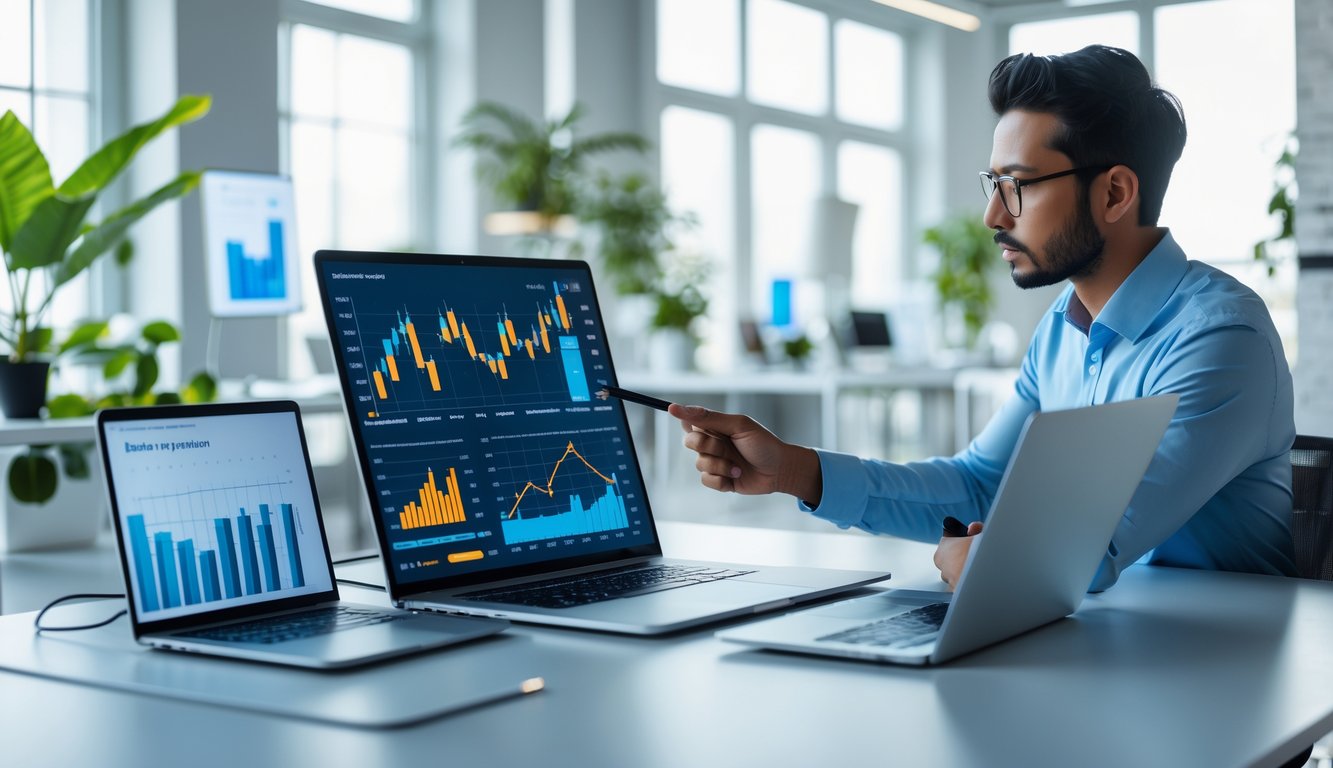 Seorang profesional sedang menganalisis data angka harian di meja kerja dengan laptop dan tablet di kantor yang terang dan rapi.