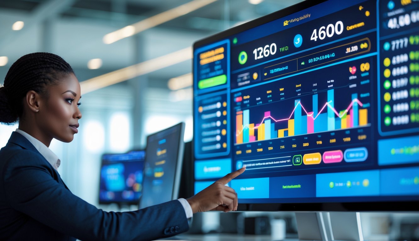 Seorang profesional menggunakan layar sentuh modern dengan tampilan hasil langsung sistem togel di kantor yang terang dan modern.